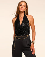 Alice Beaded Sequin Cowl Neck Halter Top