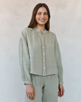 Mandarin Collar Trimmed Button Down - Green Tea