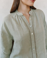Mandarin Collar Trimmed Button Down - Green Tea