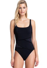 Black one piece swimsuit with velvet glitter ribbon.