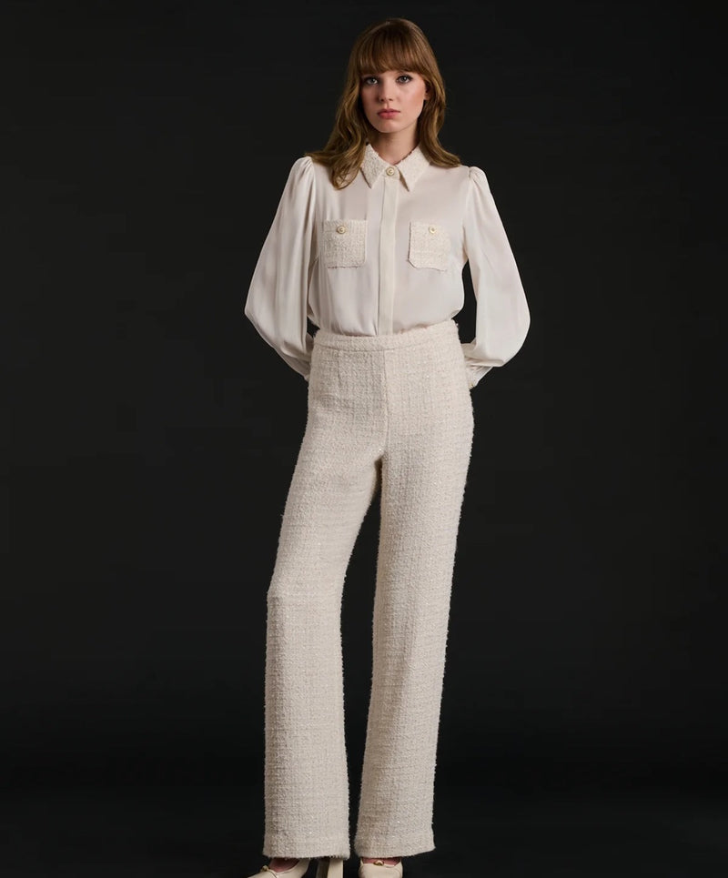 Bi-material silk and tweed shirt