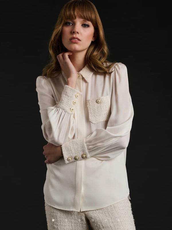 Bi-material silk and tweed shirt