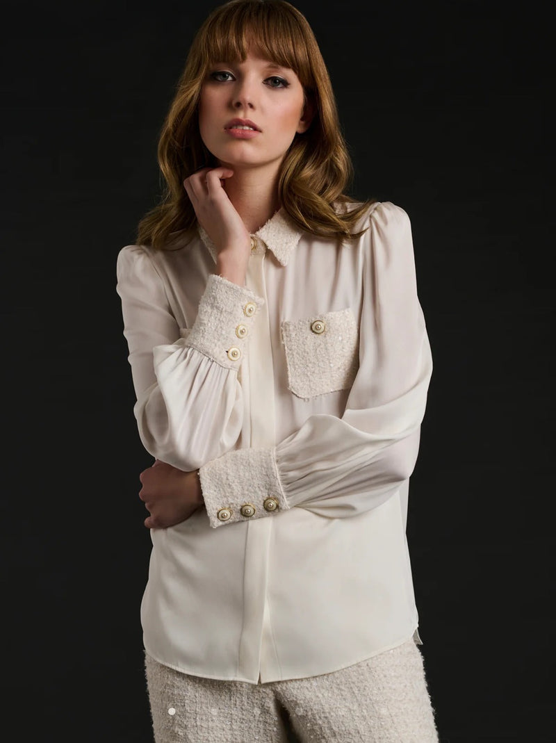 Bi-material silk and tweed shirt