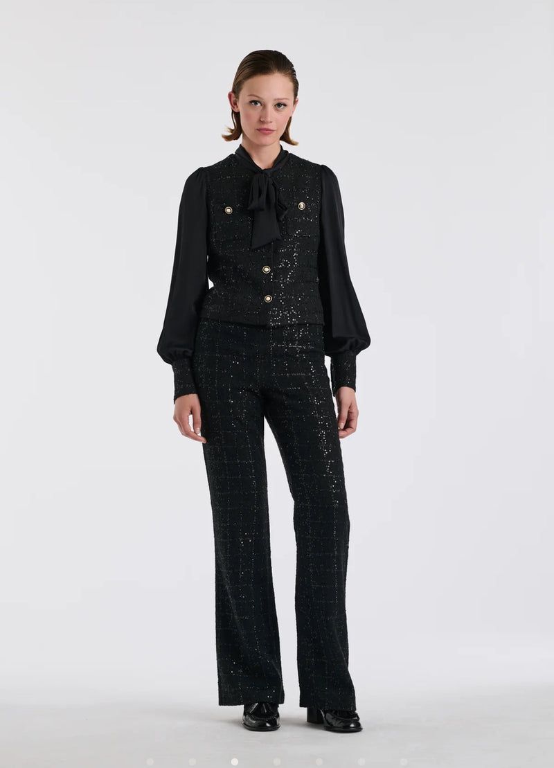 Bi-material pussy bow shirt in tweed and silk