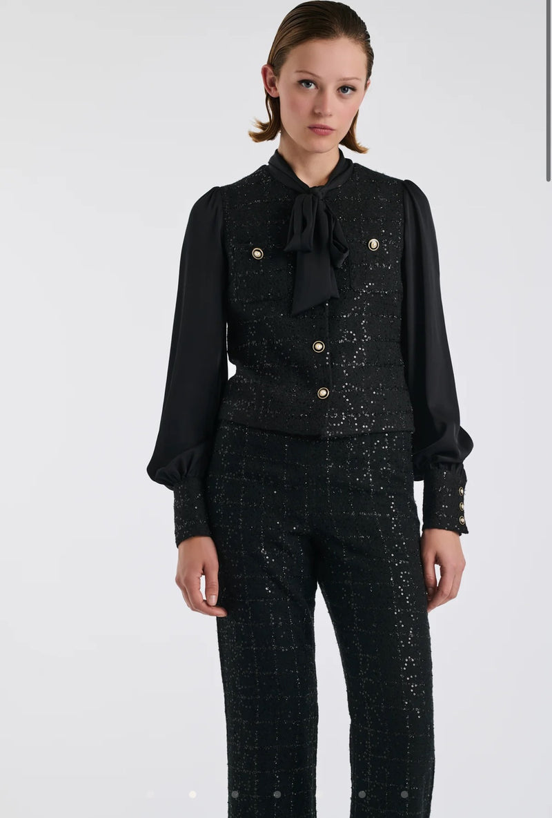 Bi-material pussy bow shirt in tweed and silk