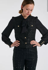 Bi-material pussy bow shirt in tweed and silk