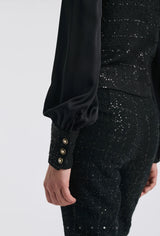 Bi-material pussy bow shirt in tweed and silk