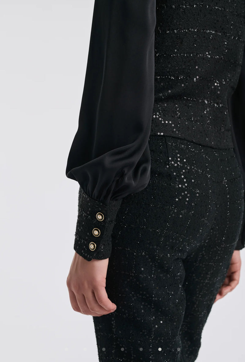 Bi-material pussy bow shirt in tweed and silk