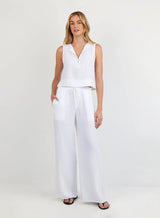 Ruffle Waist Wide Leg Pant - White