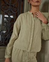 Mandarin Collar Trimmed Button Down - Green Tea