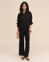 Mandarin Collar Trimmed Button Down - Black