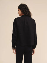 Mandarin Collar Trimmed Button Down - Black