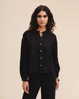 Mandarin Collar Trimmed Button Down - Black