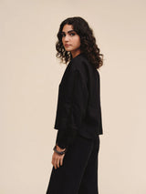 Mandarin Collar Trimmed Button Down - Black