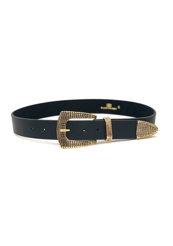leather belt with gold buckle
