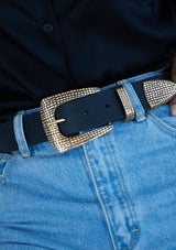 leather belt with gold buckle