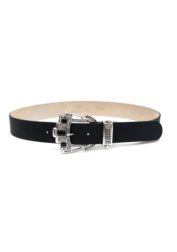 Black leather belt with silver buckle with crystals