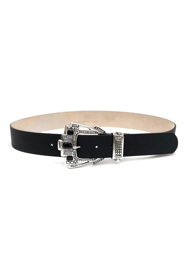 Black leather belt with silver buckle with crystals