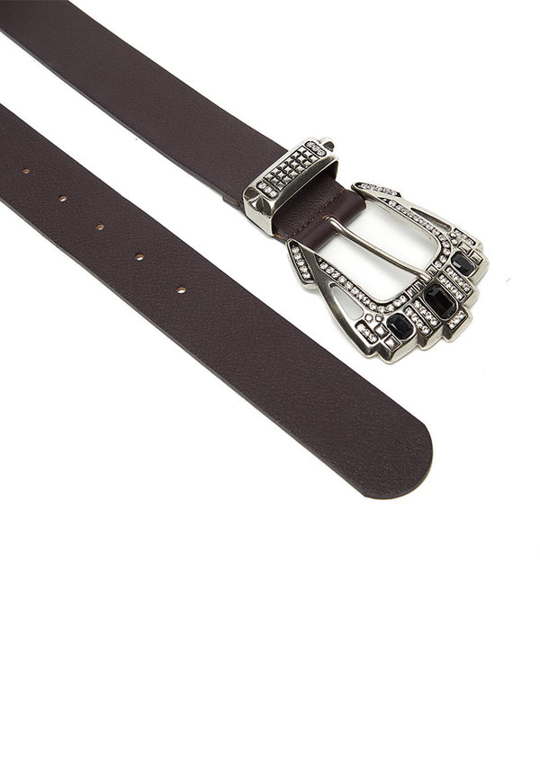 Black leather belt with silver buckle with crystals