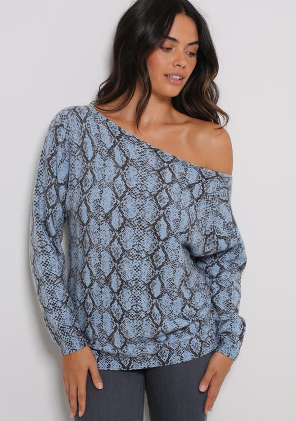 Minnie Rose blue snake print cashmere off the shoulder top