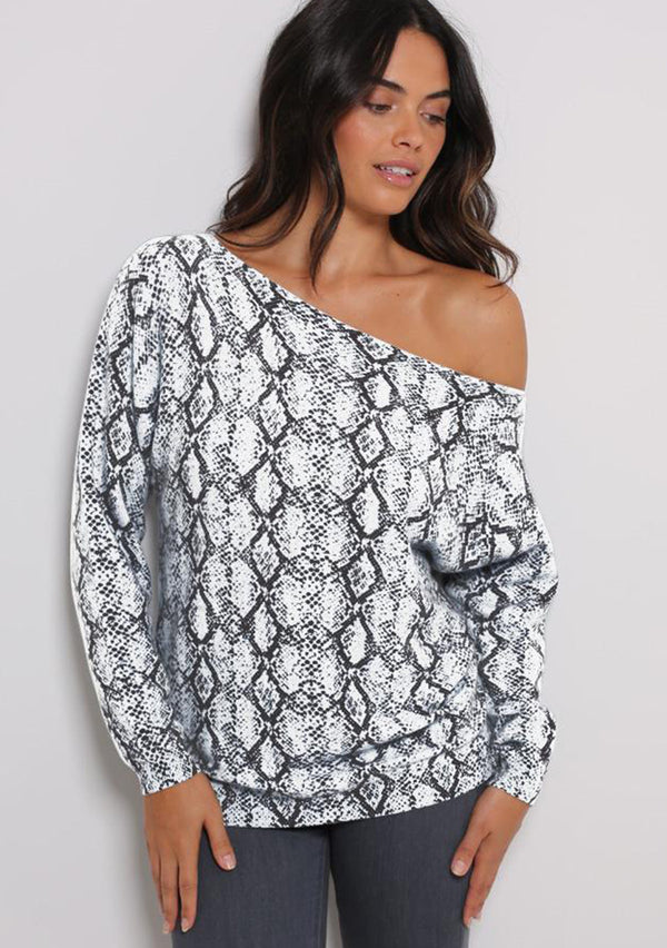 Snake Print Cashmere One Shoulder Pullover