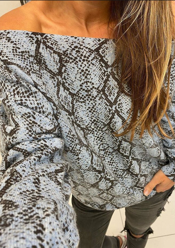 Minnie Rose blue snake print cashmere off the shoulder top